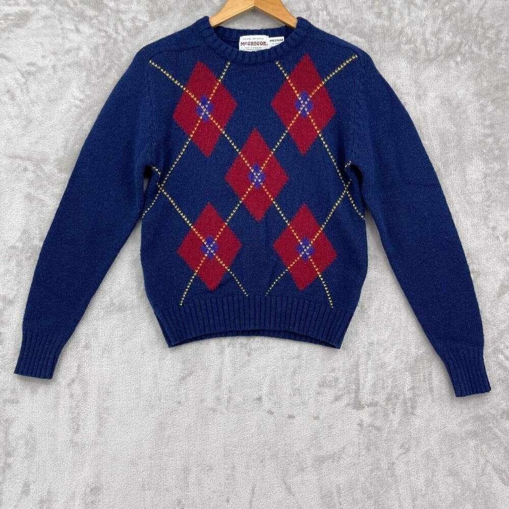 McGregor Vintage Pullover Wool Blend Argyle Blue Red Sweater USA Made